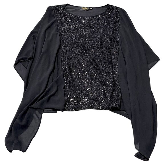 Bob Mackie Top Womens 3X Fits 22W/24W Black Sequin Chiffon Cocktail Lagenlook - Picture 1 of 16